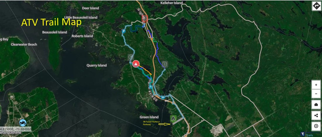OFATV trail map showing the trail connector at 38 Forest Harbour Parkway and the routes north along Highway 400