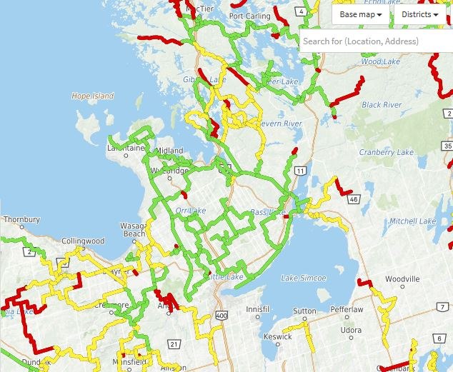 OFSC snowmobile trail map for the Midland, Coldwater and Severn area